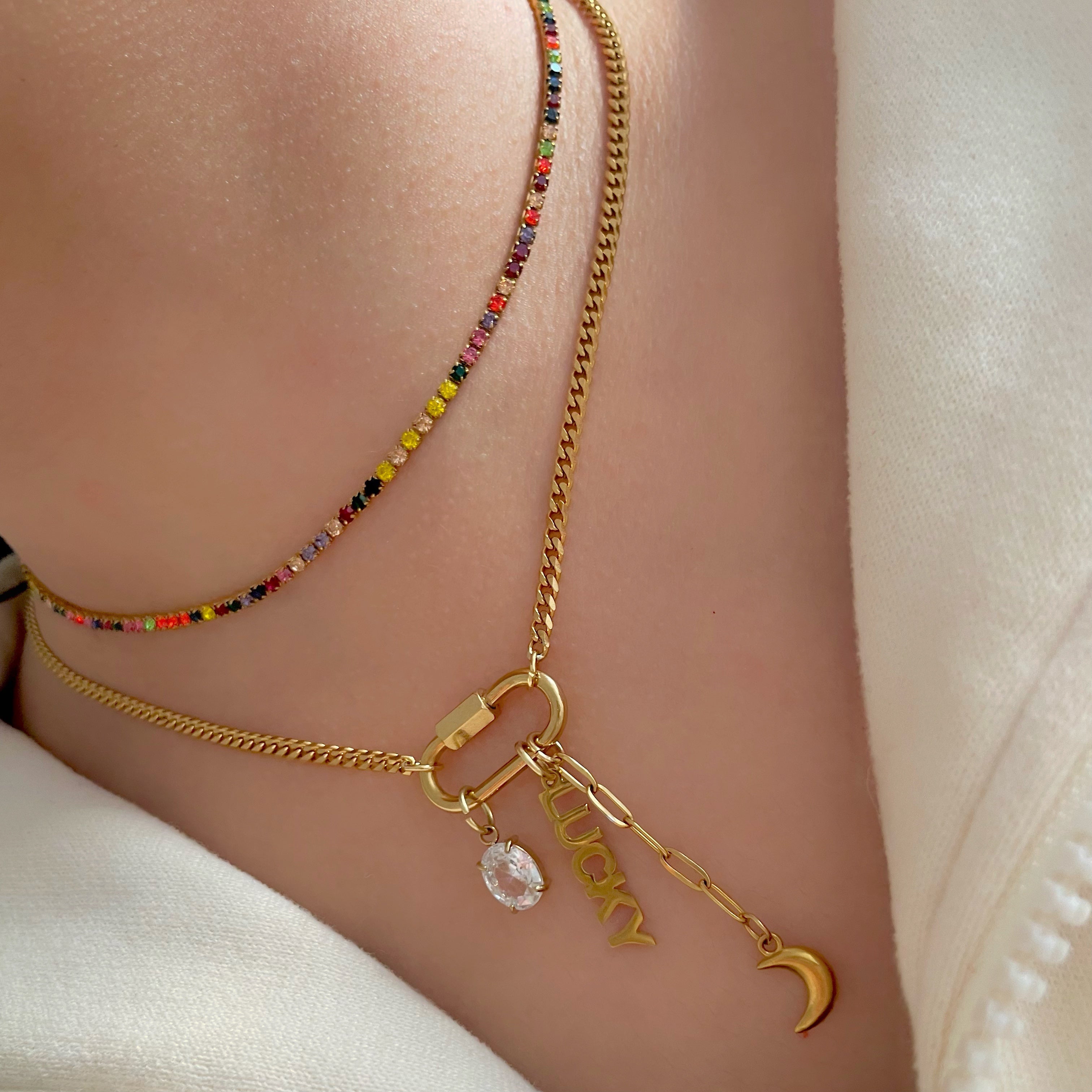 Oval Charm Necklace Gold with Rainbow Tennis Necklace