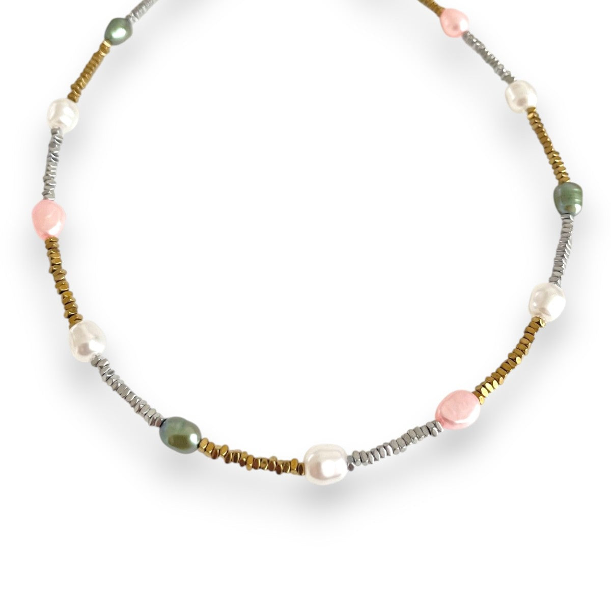 Necklace with multicolored beads on a white background