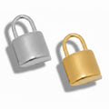 Two padlock charms, one in silver and one in gold, isolated on a white background.