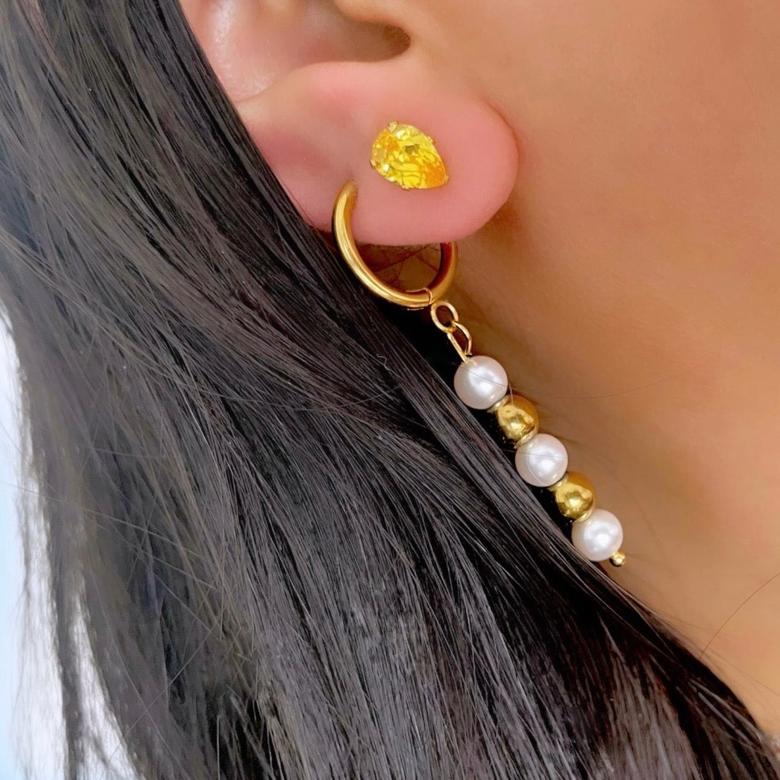 pearl earrings with gold beads and pear crystal l stud earrings