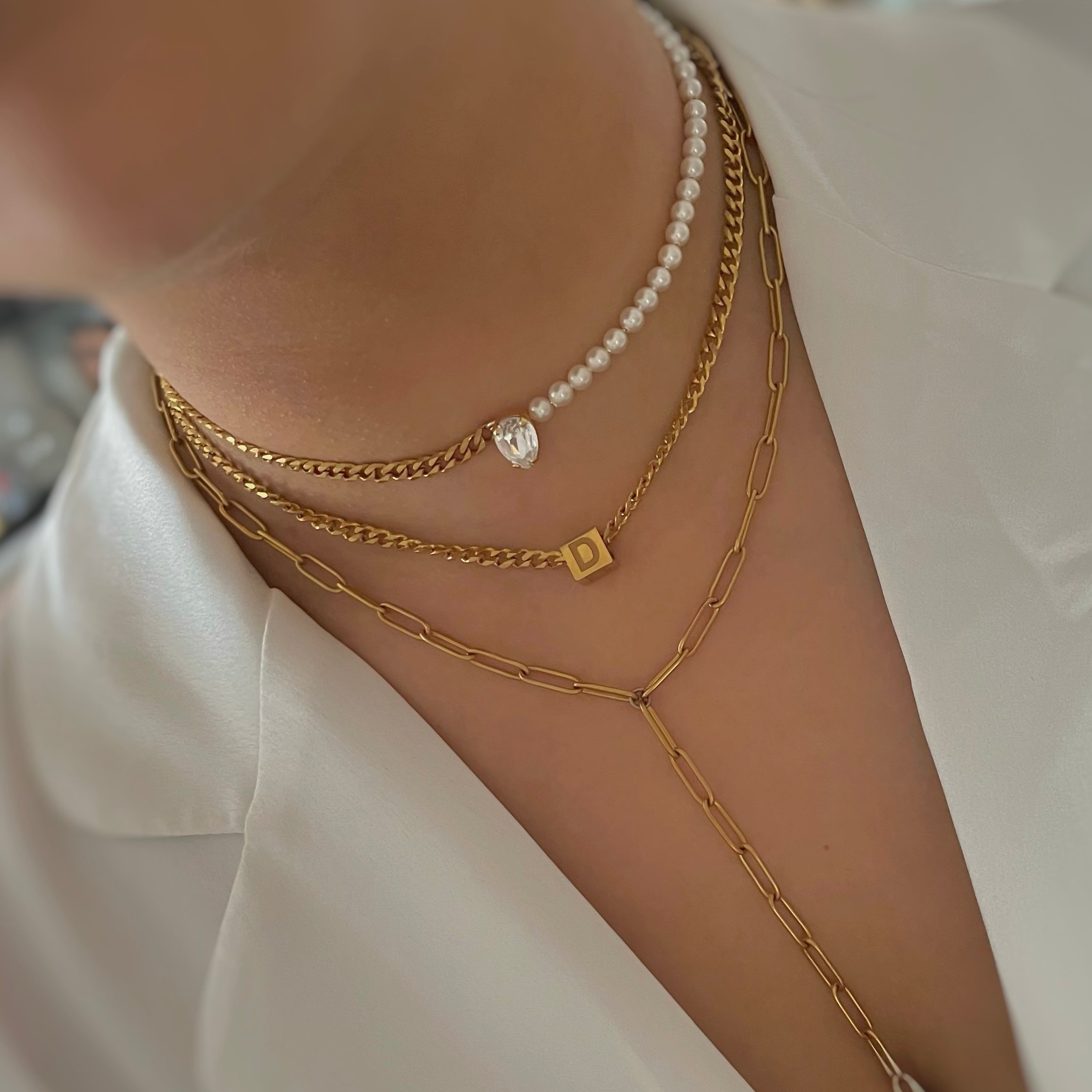 pearl necklace with dainty cube initial necklace in gold
