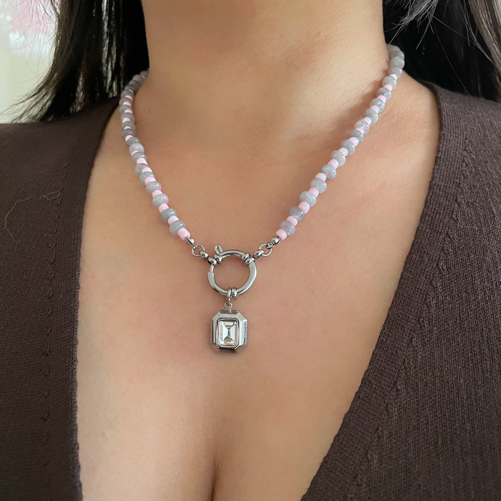 silver charm necklace with rectangle silver bezel charm