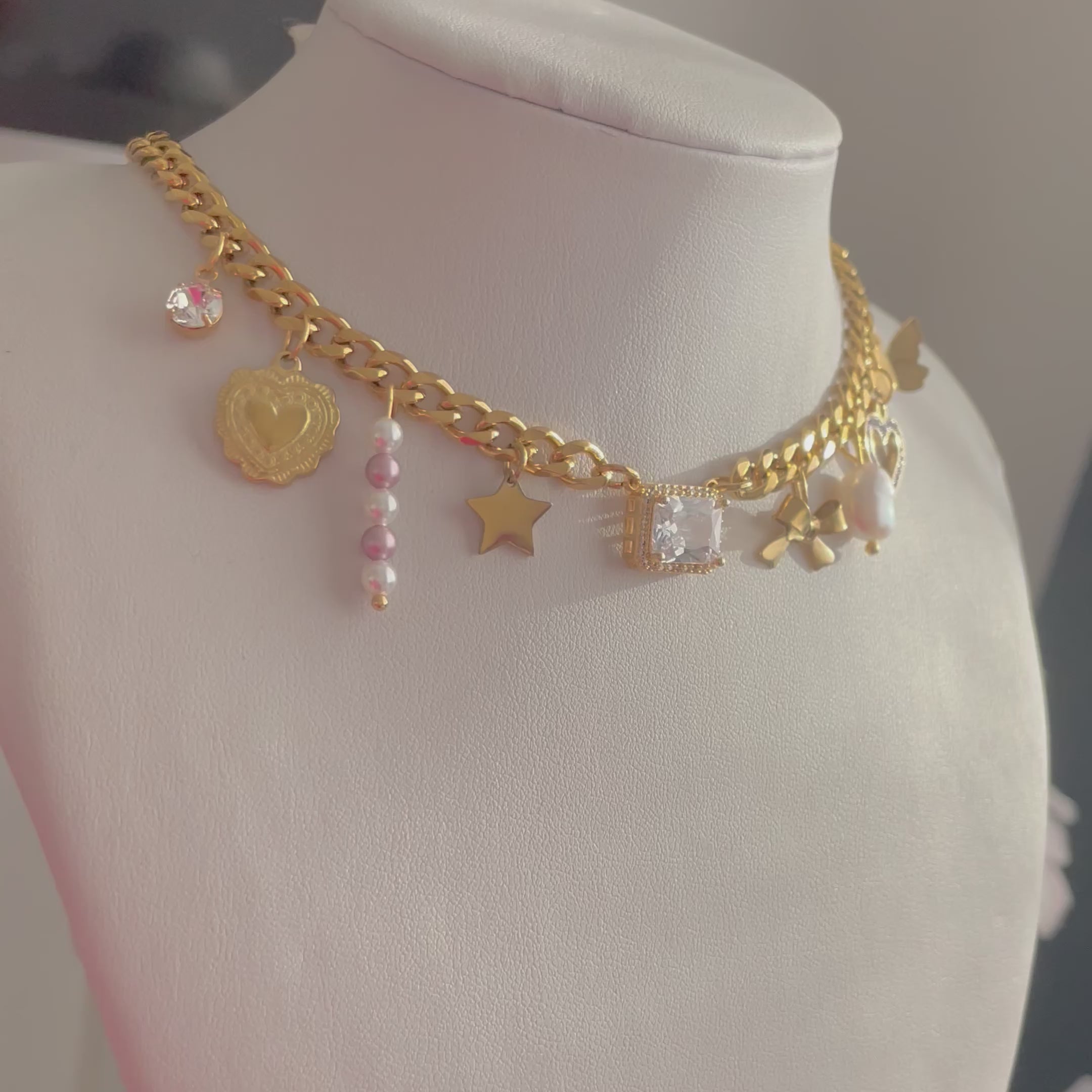 Gold Charm Necklace with pearls and stars and hearts