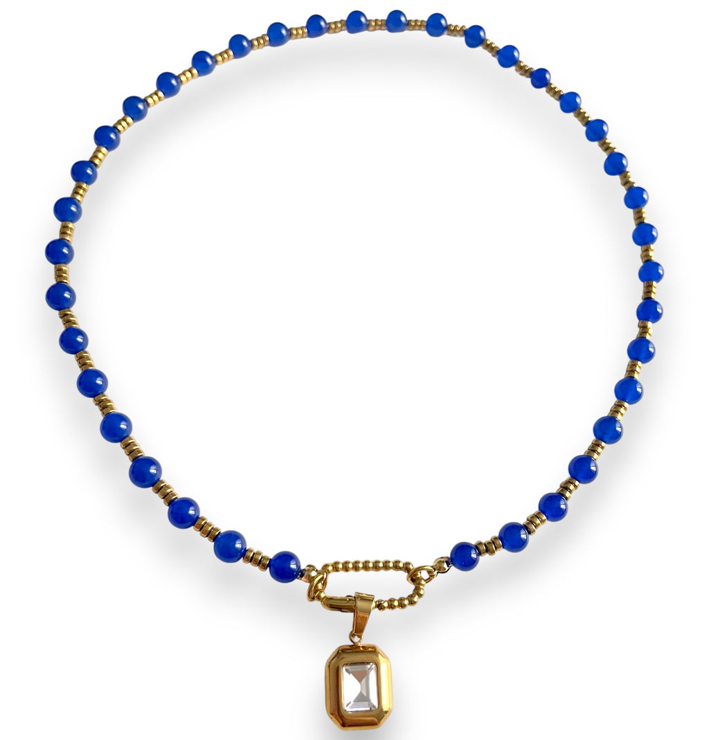 gold beaded and blue beaded charm necklace