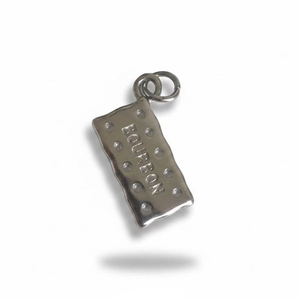 Silver charm resembling a chocolate bar with 'bourbon' branding on a white background
