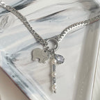silver charm necklace with elephant charm and Hematite and Pearls Charm