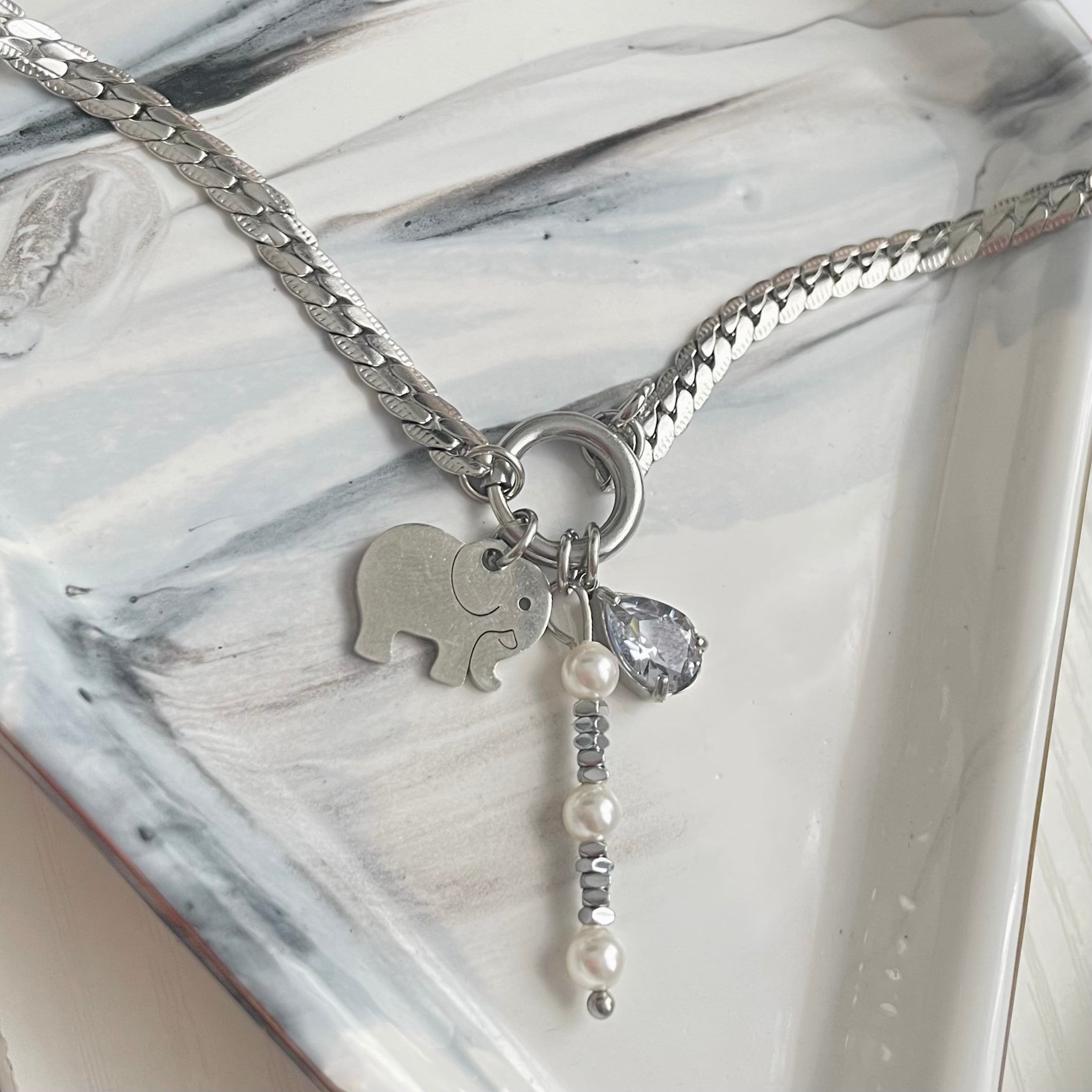 silver charm necklace with elephant charm and Hematite and Pearls Charm