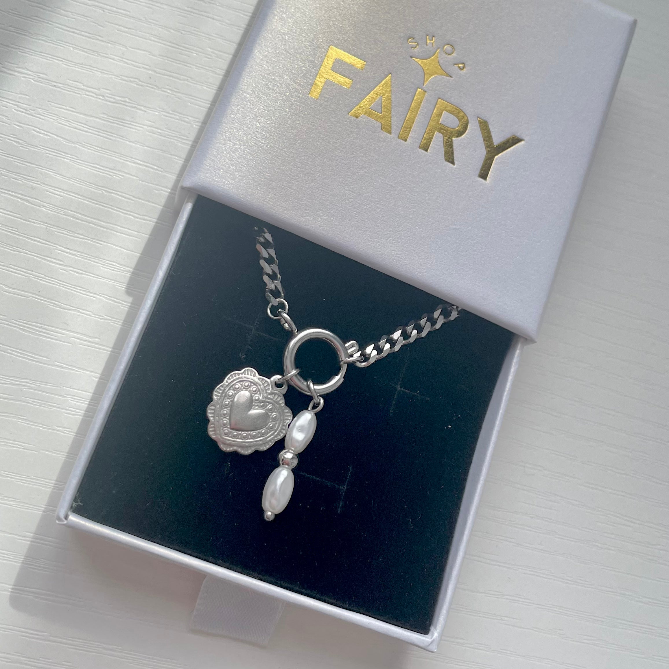 silver charm necklace with old school love charm