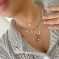 silver pearl clover necklace with silver charm necklace