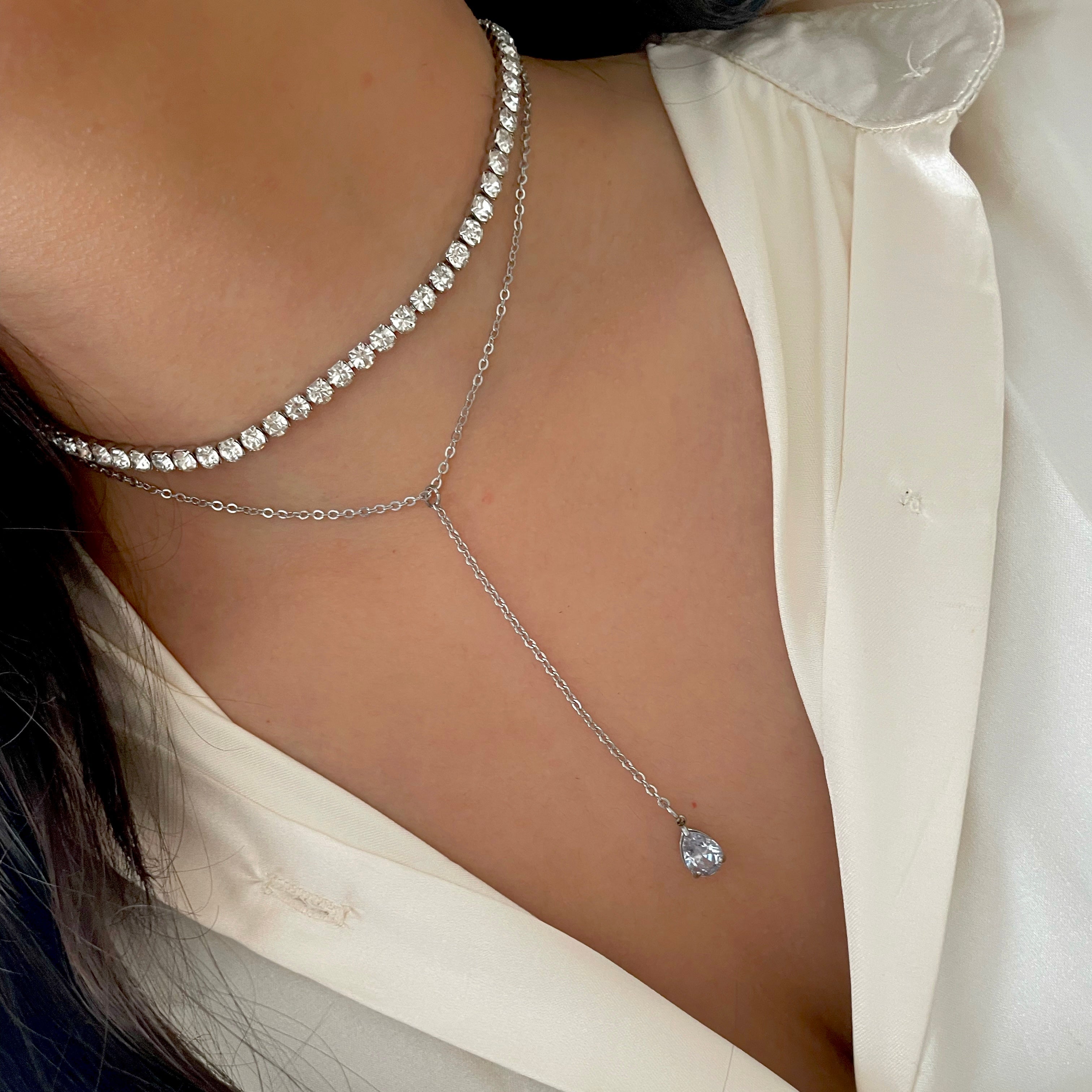 silver steel tennis necklace and dainty silver lariat