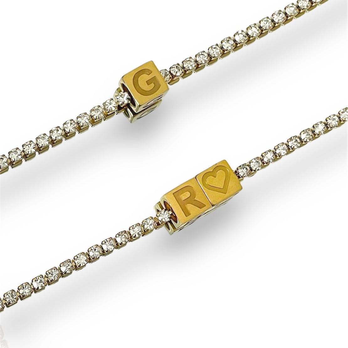 tennis necklace with gold cube initial necklace