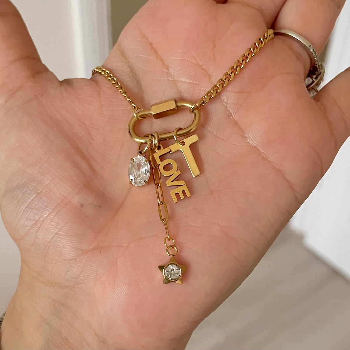 Oval Charm Necklace Gold with Love Charm and Initial Charm