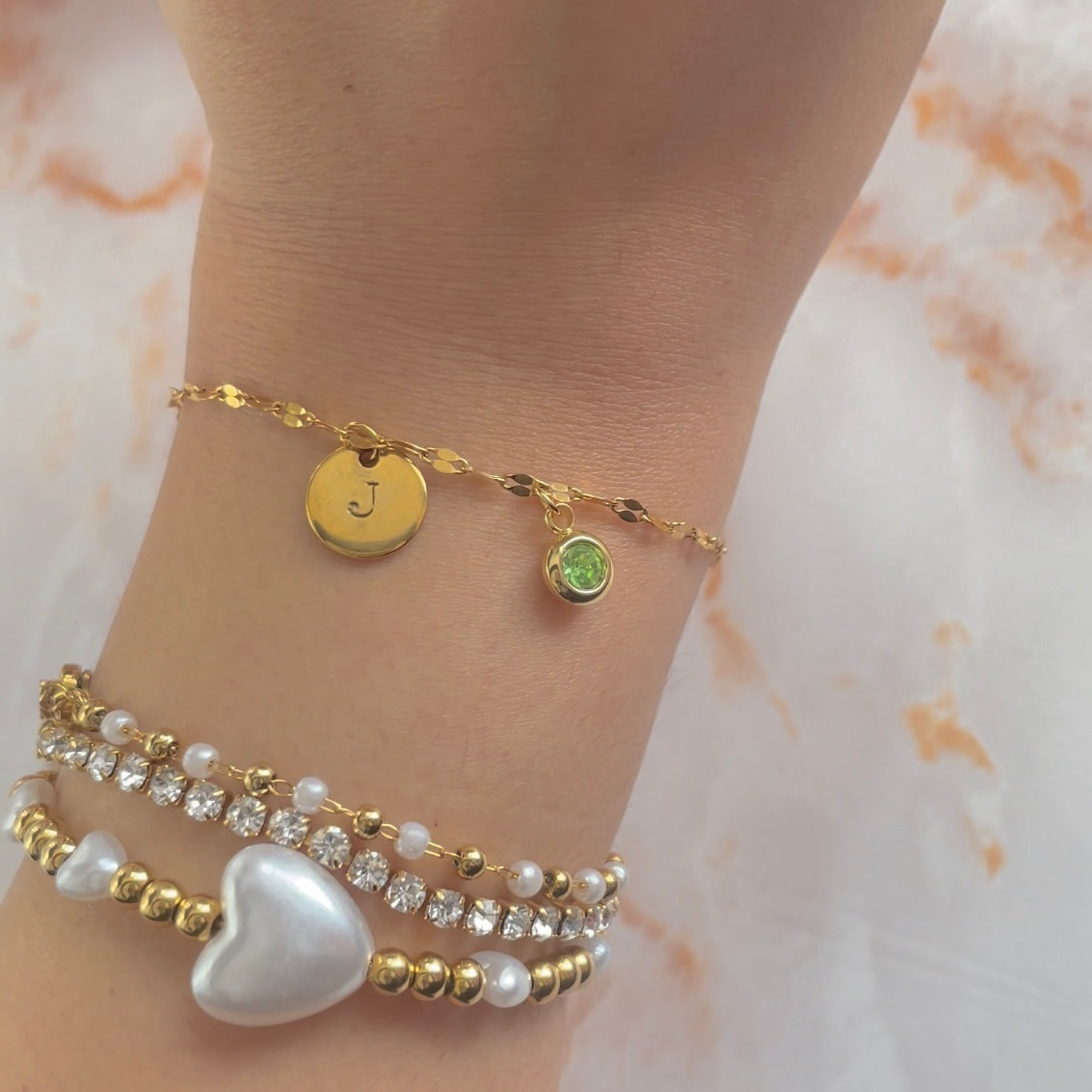 Gold Hand Stamped Initial Birthstone Bracelet