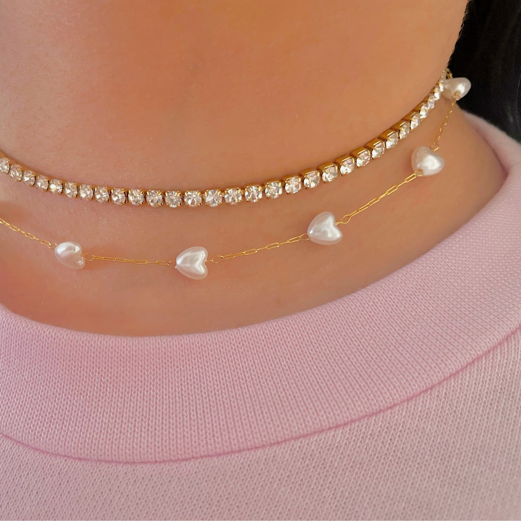  Heart Pearl Necklace with tennis necklace