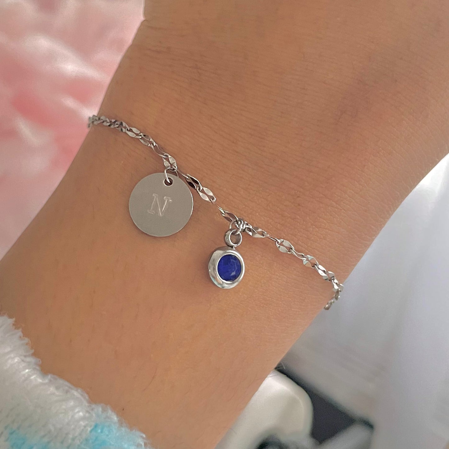 Silver Hand Stamped Initial Birthstone Bracelet