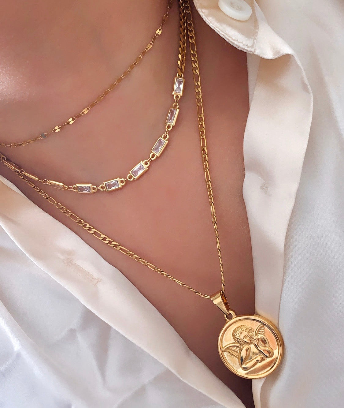 cherub necklace stack gold