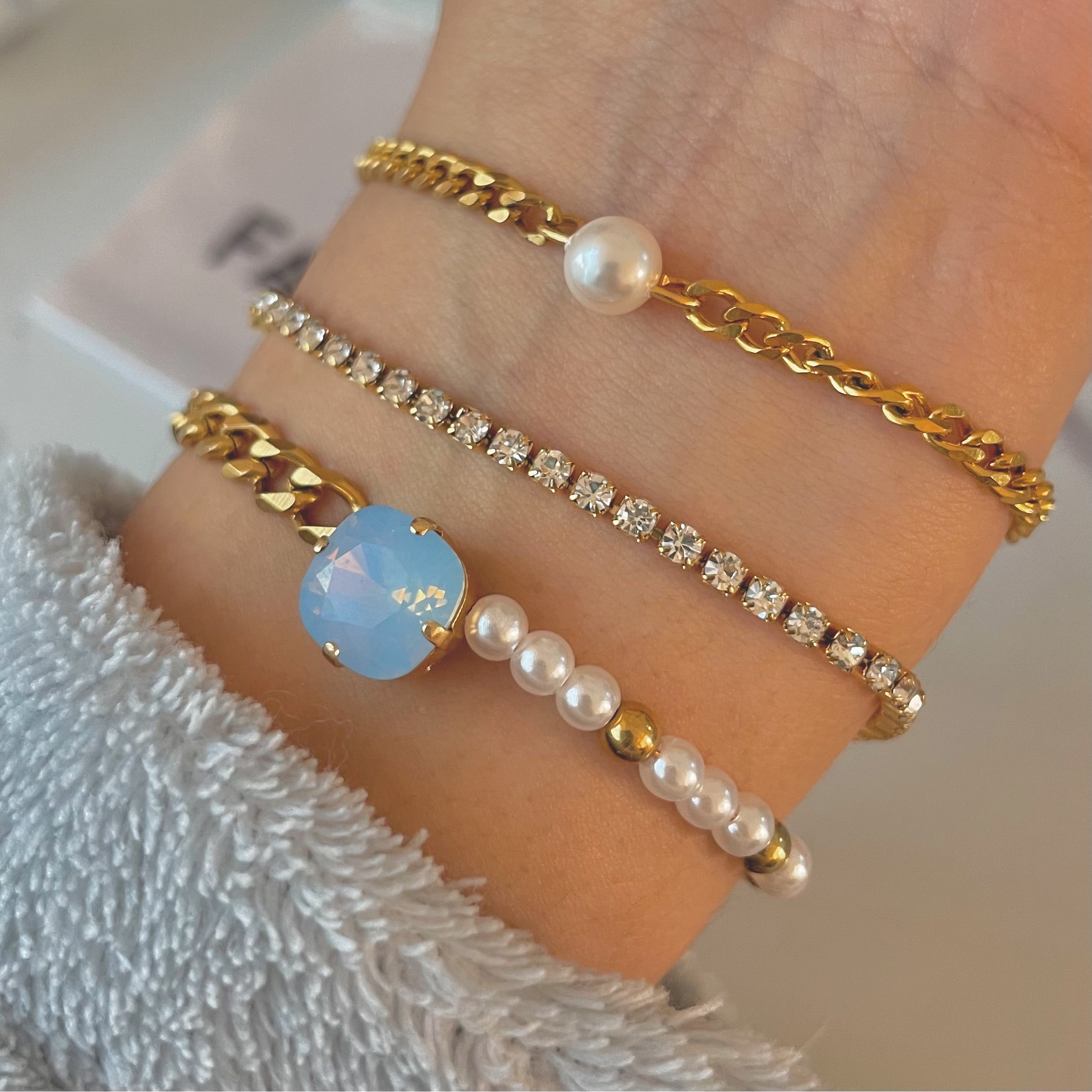 gold bracelet stack with tennis bracelet pearl bracelets