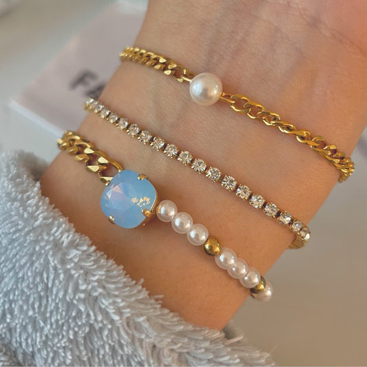 gold bracelet stack with tennis bracelet pearl bracelets