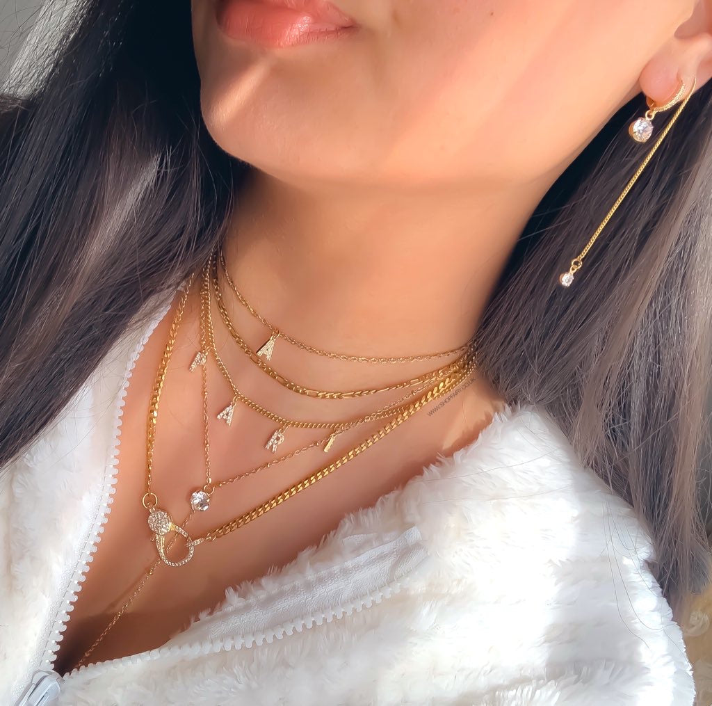 gold crystal clasp necklace with dainty gold name necklace and initial necklace