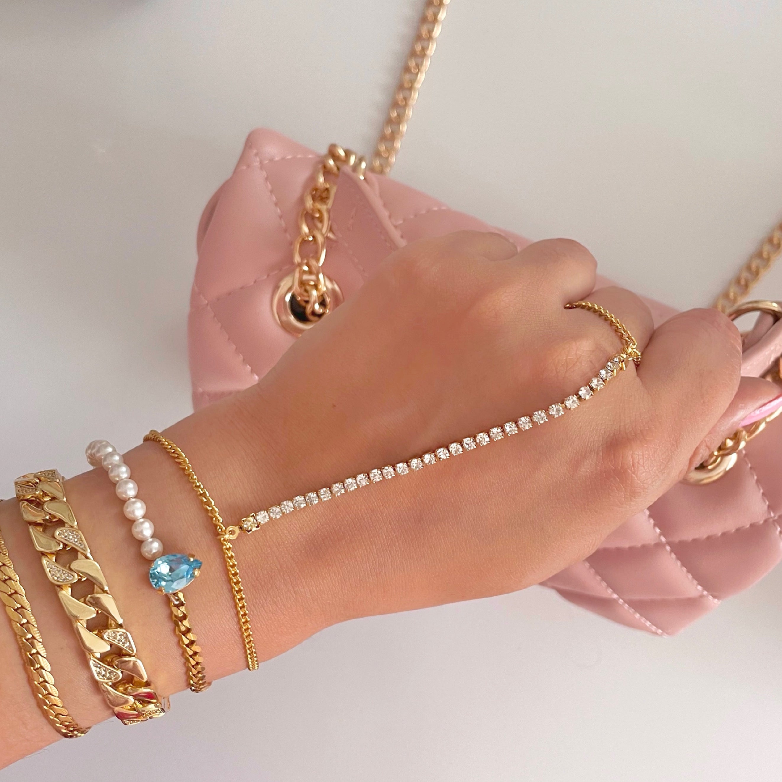gold crystal handchain with pearl bracelet
