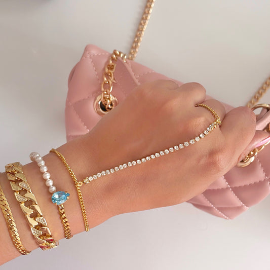 gold crystal handchain with pearl bracelet