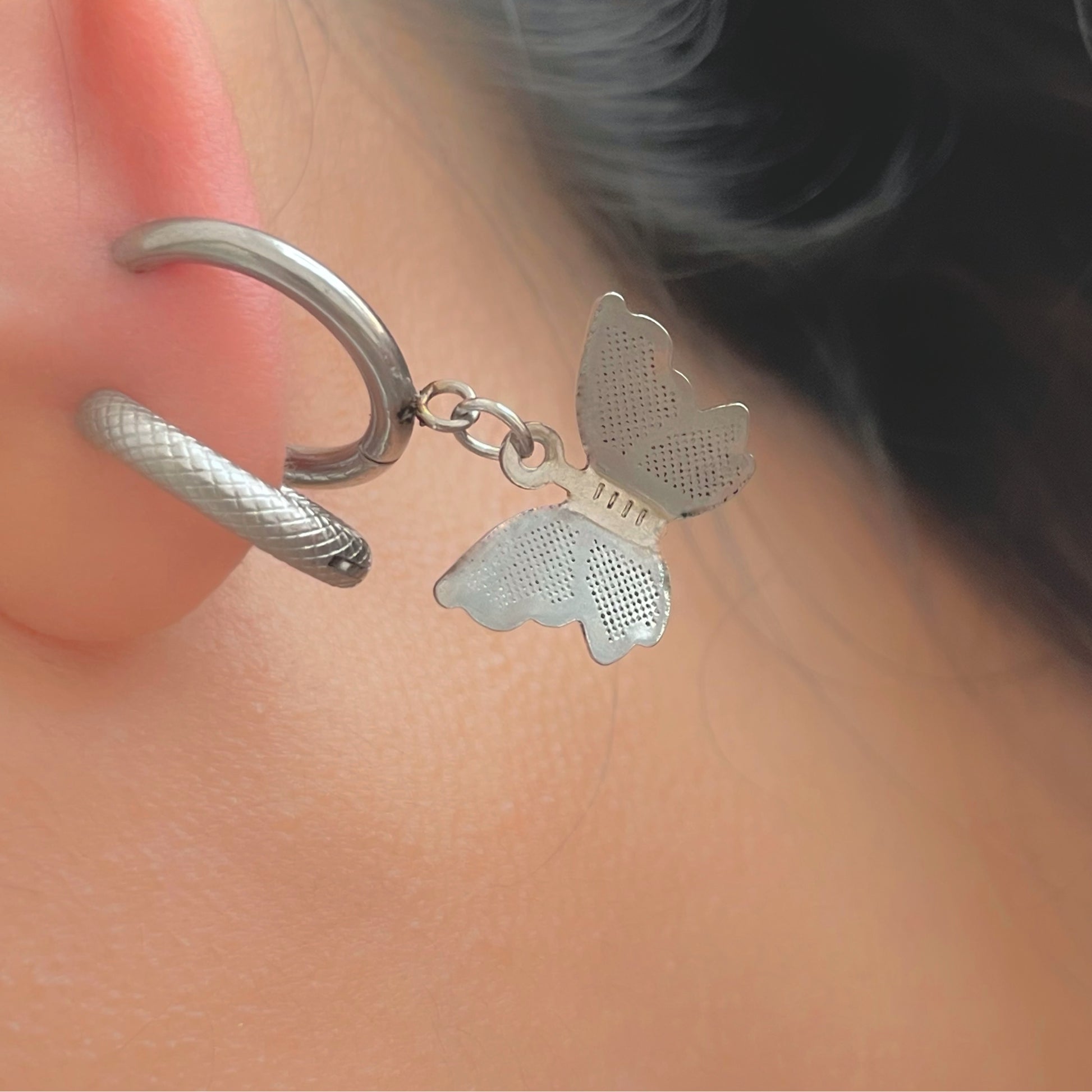silver butterfly hoops earrings