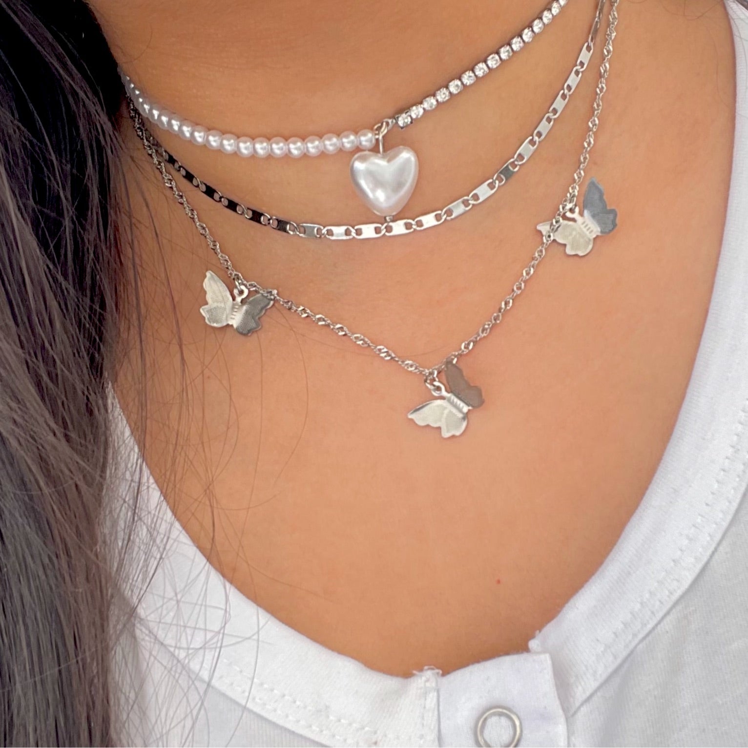 silver butterfly necklace with dainty silver necklace
