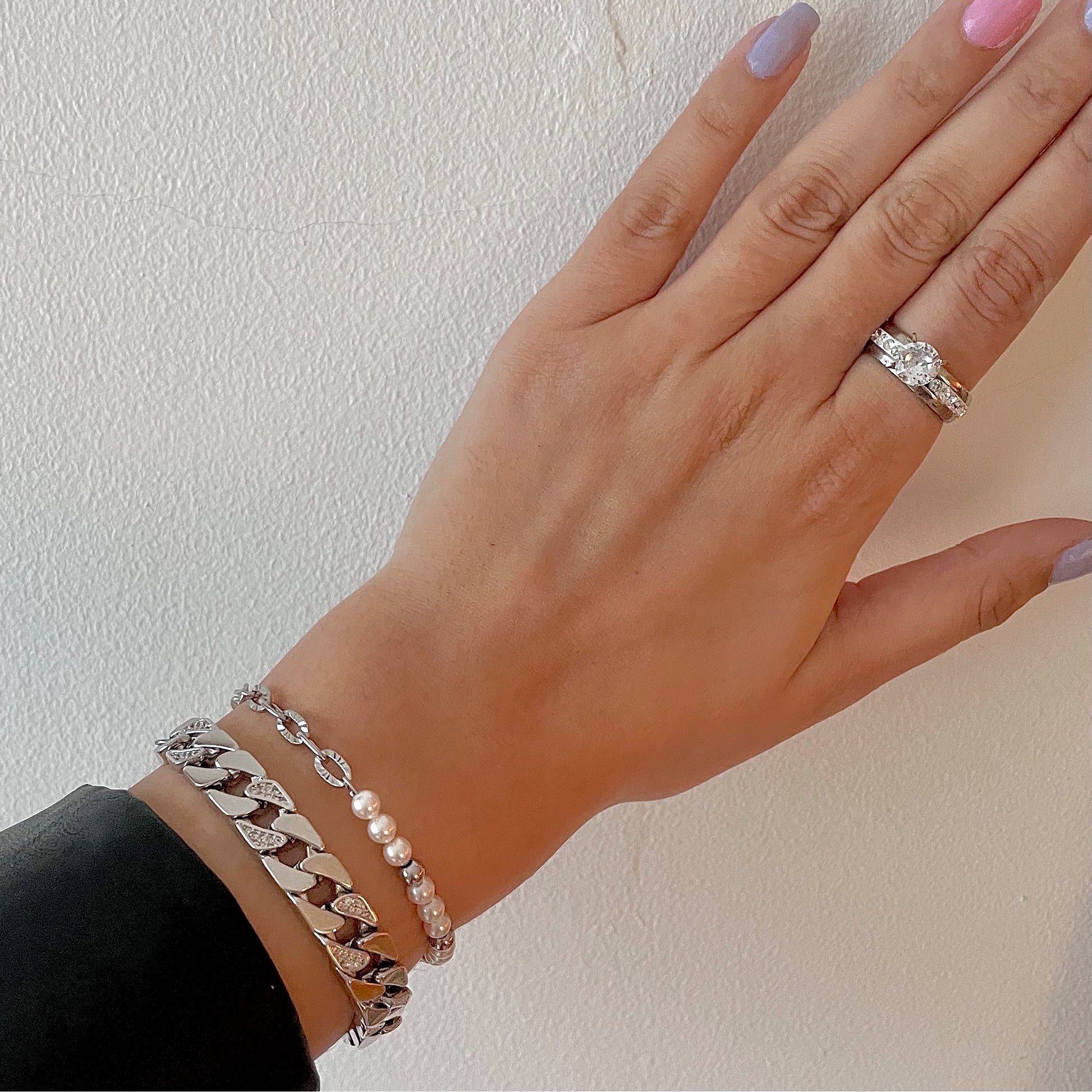 silver half pearl beaded bracelet