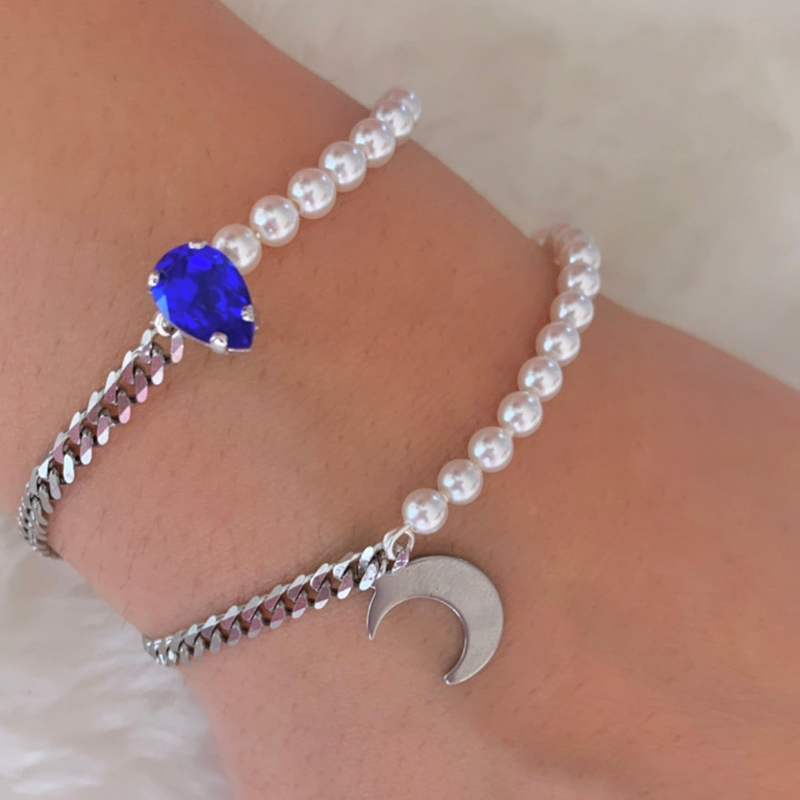 silver half pearl half chain bracelets