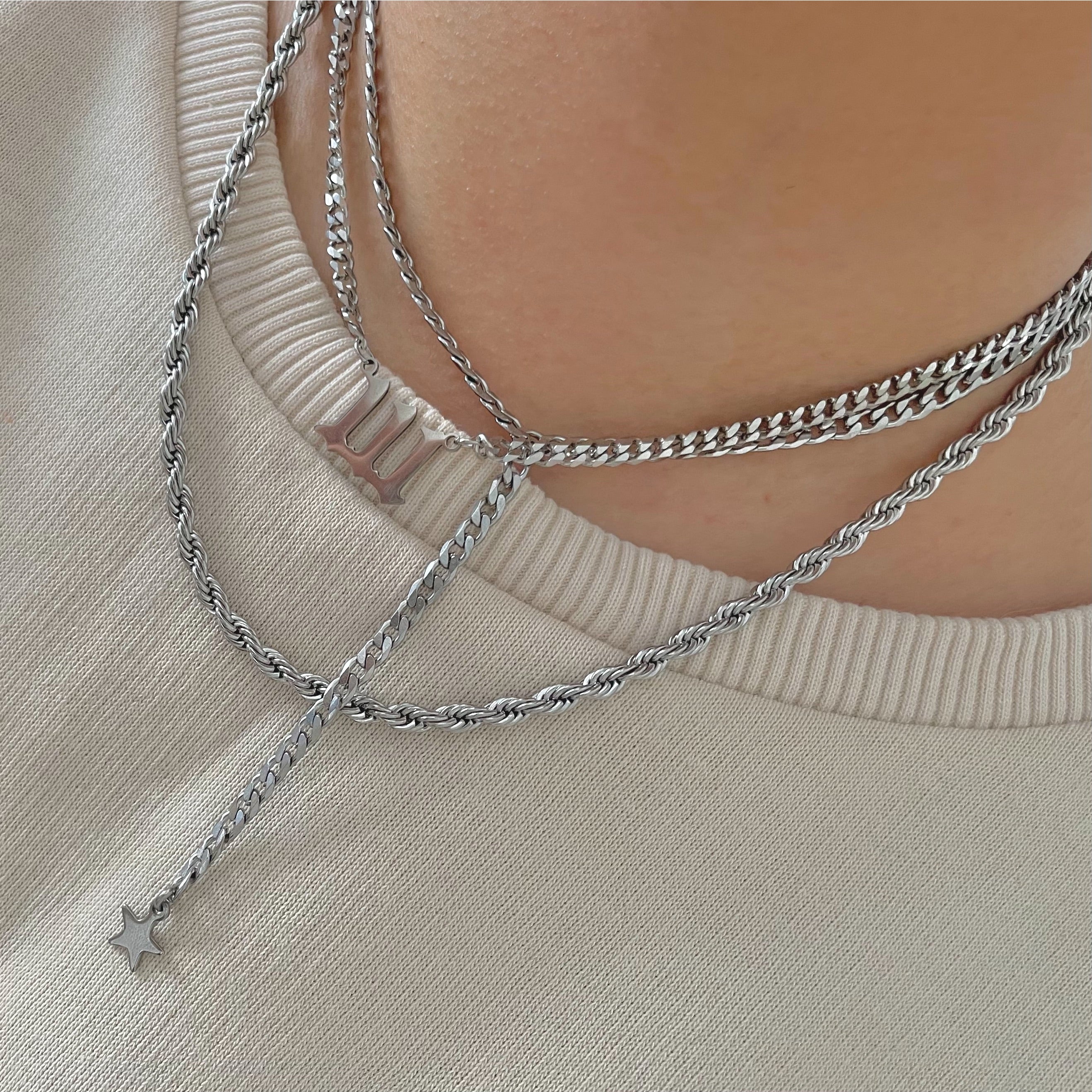 silver lariat with silver rope necklace