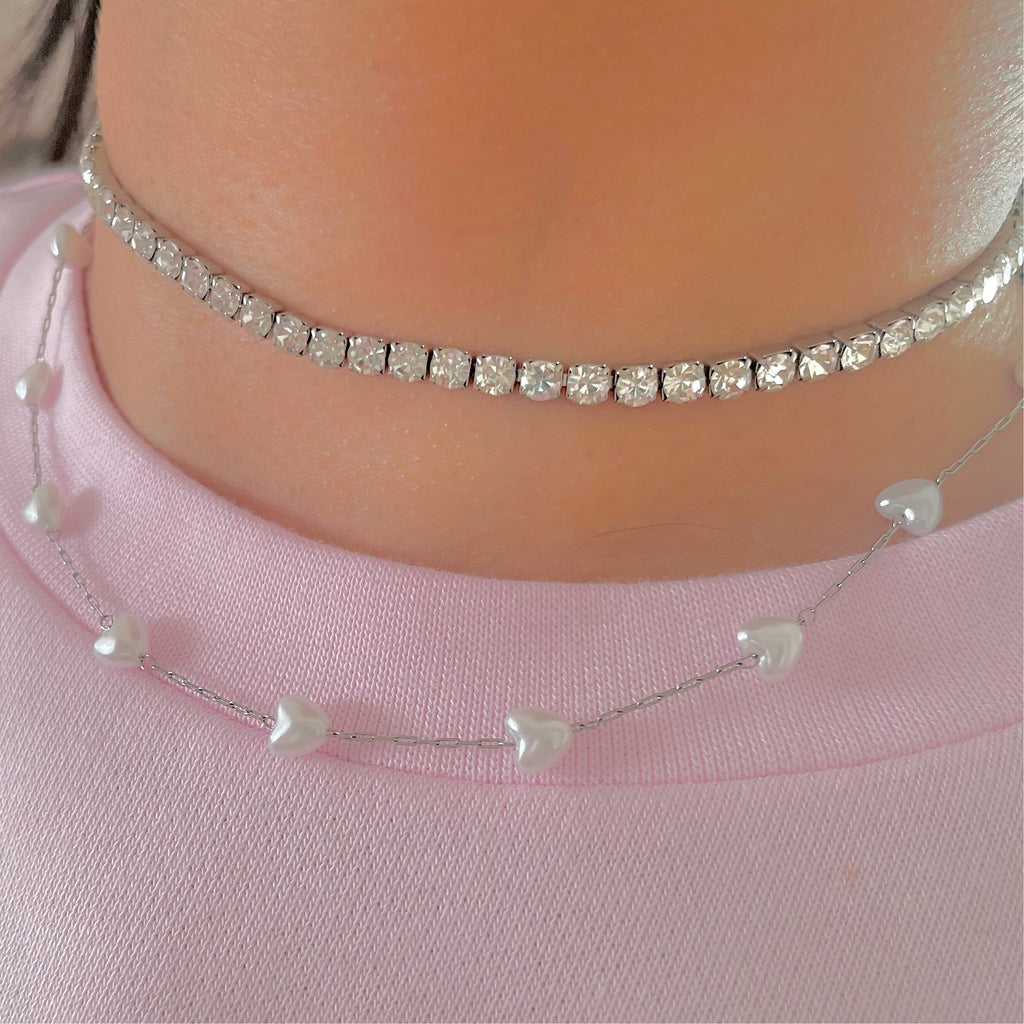 silver tennis necklace with heart pearl necklace