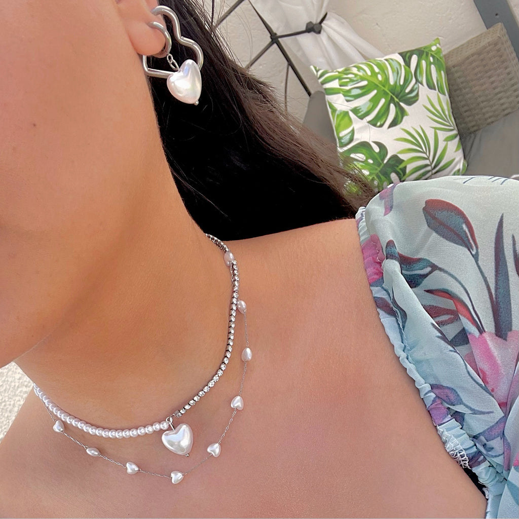 silver tennis necklace with pearl necklace